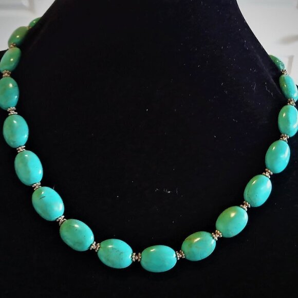 Oval Faux Turquoise Sterling Silver Bead Necklace
